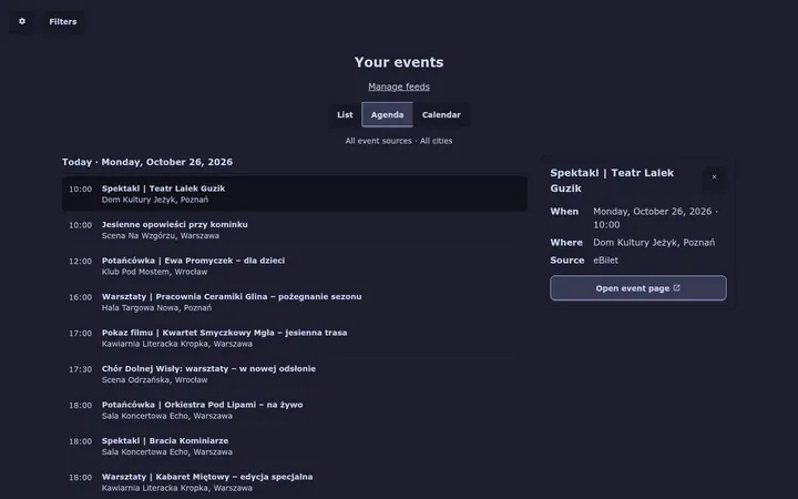 Agenda view grouped by day with a detail panel open on the right for the selected event.