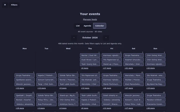 Monthly calendar grid with a few events per day and a +N more link on busy days.