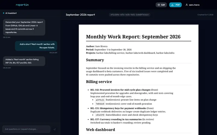 Report editor in preview mode showing the September 2026 report rendered as a white A4 page with summary and per-project sections.