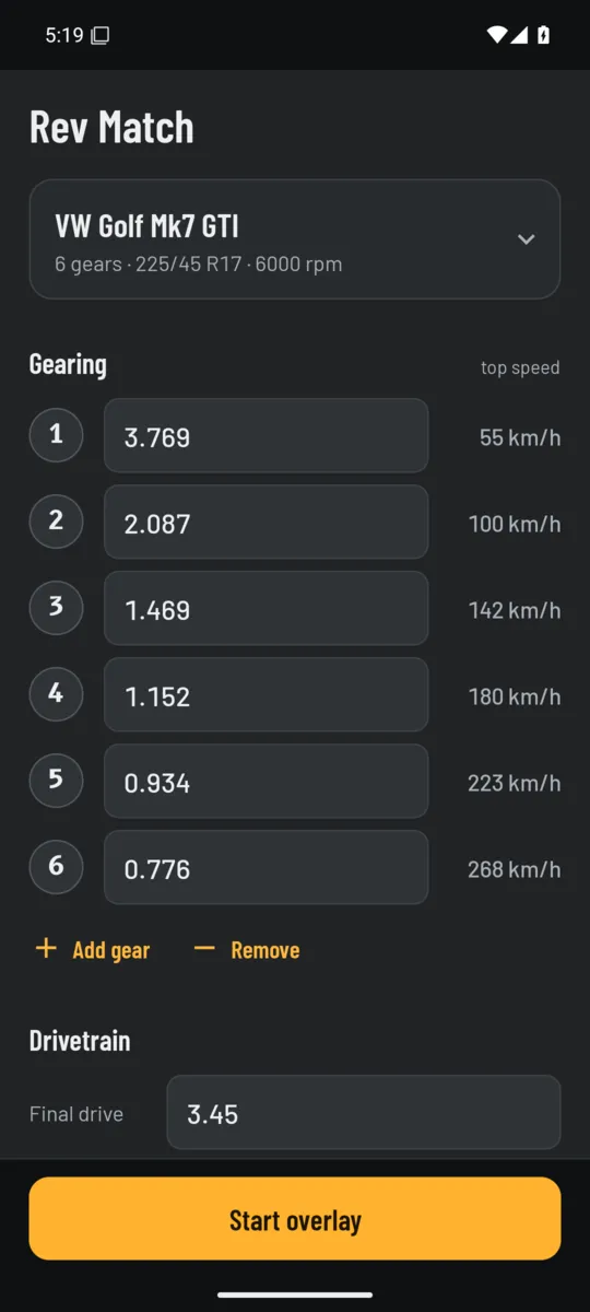 Gearing editor filled with the VW Golf Mk7 GTI preset: gear ratios, final drive, tire size and rev limit.