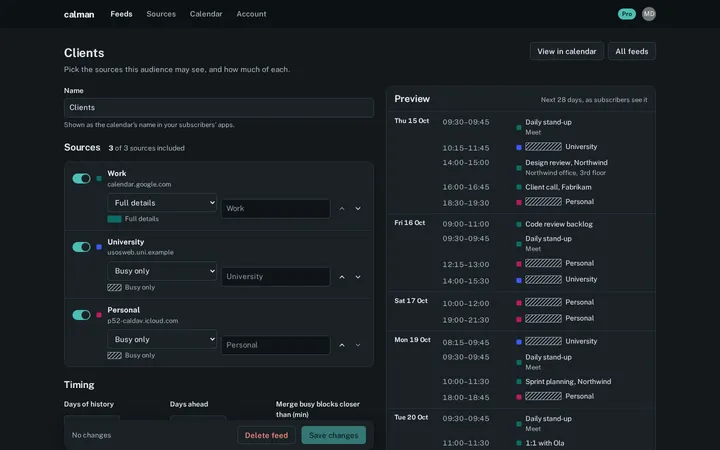 Feed editor for a Clients feed: Work at full details, University and Personal busy only, next to a preview where those appear as hatched blocks.