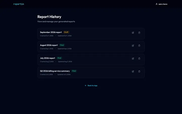 Report History page listing four reports, one draft and three final, with created and updated dates and edit and delete buttons.