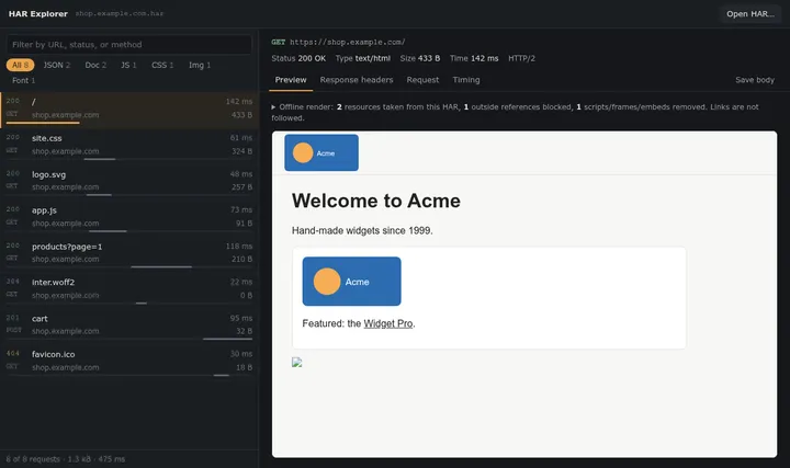 An HTML page rendered offline from the HAR, with the external tracker script and banner blocked.
