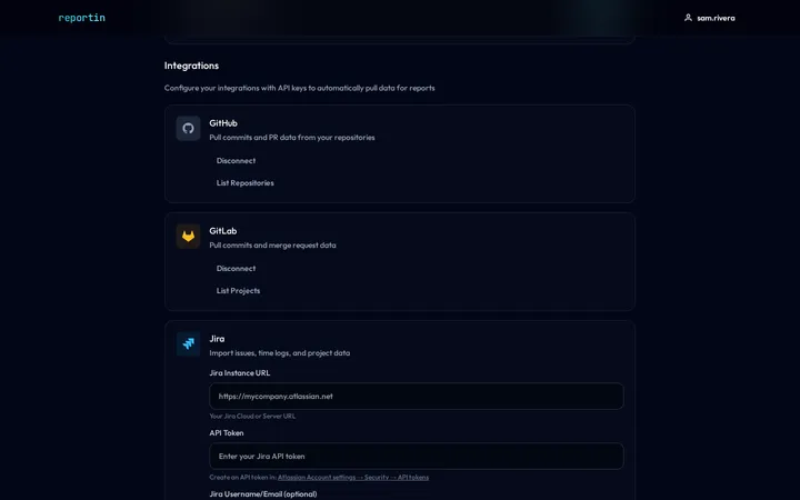Integrations section of the profile page with connected GitHub and GitLab cards and a Jira form for instance URL and API token.