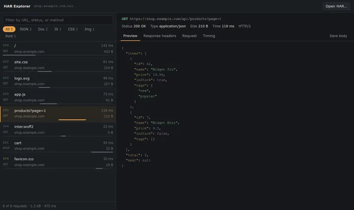 Request list with a highlighted JSON response preview.