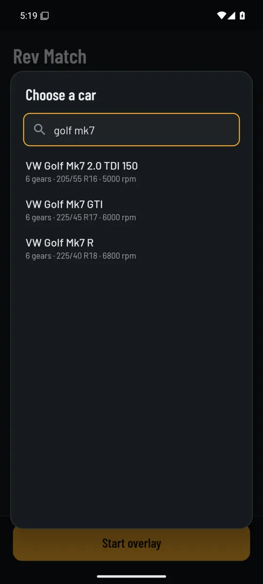Searchable list of built-in car presets with a search field at the top.