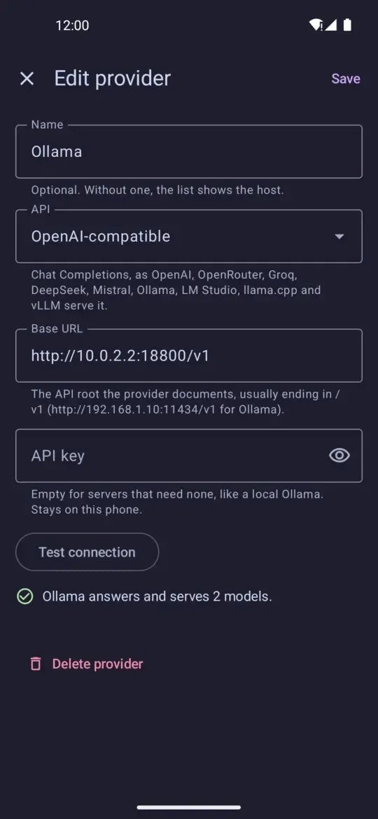 Add provider form with a passing connection test.