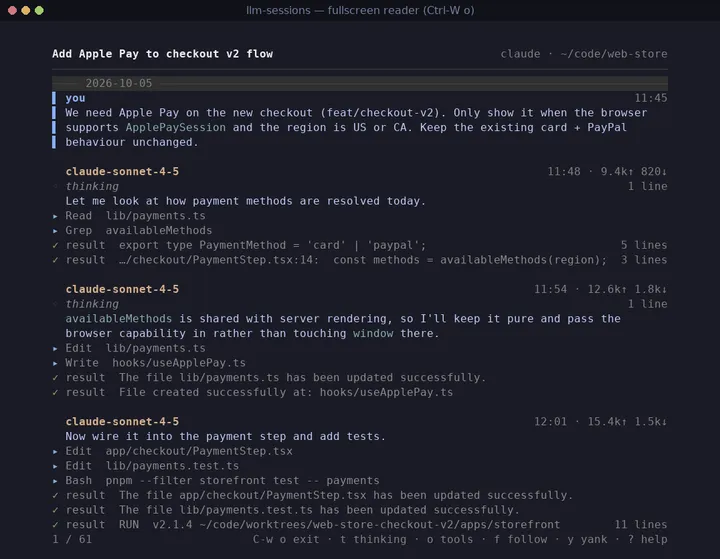 A single transcript filling the whole terminal in the fullscreen reader.