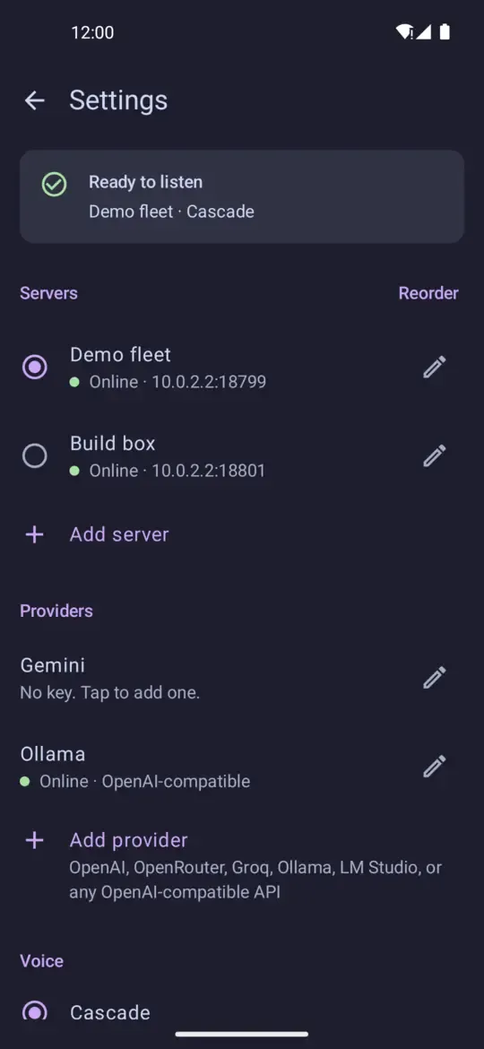 Settings screen listing llm-sessions servers and inference providers.