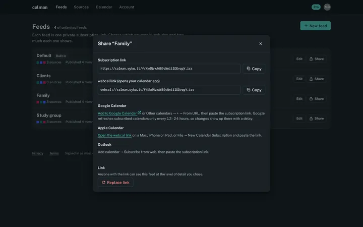 Share dialog for the Family feed with its https and webcal links and steps for Google, Apple and Outlook.