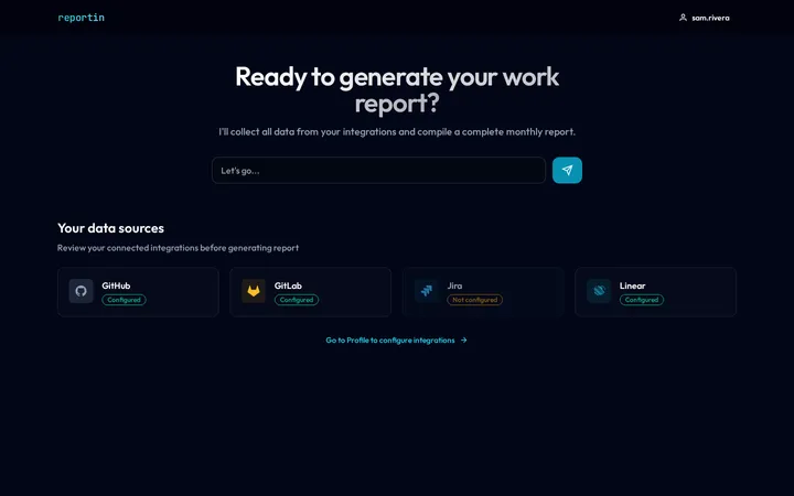 Signed-in start screen with a report prompt field and four data source cards: GitHub, GitLab and Linear marked Configured, Jira marked Not configured.