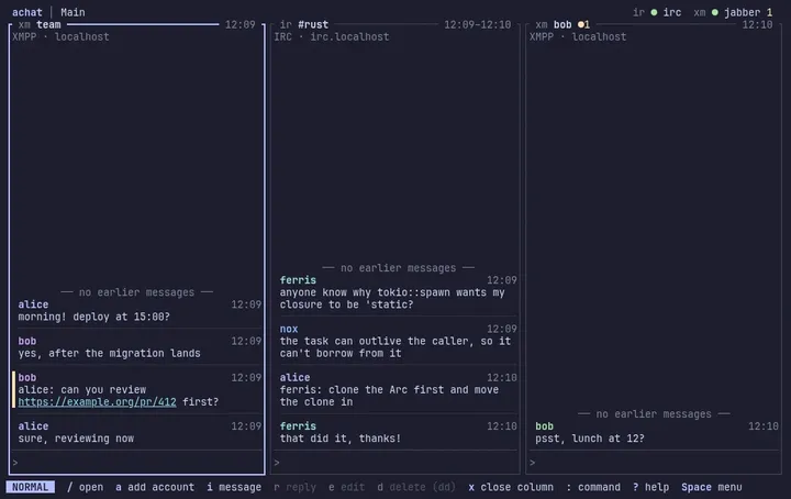 Terminal UI with an XMPP room, an IRC channel and an XMPP DM open as columns side by side.