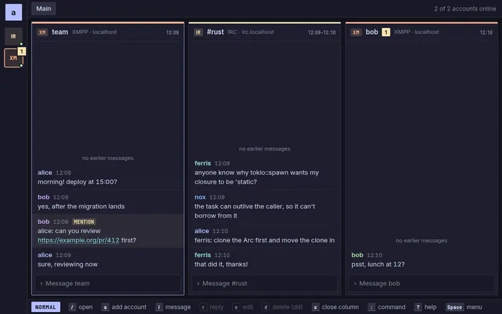 The same board of chat columns rendered in the browser.