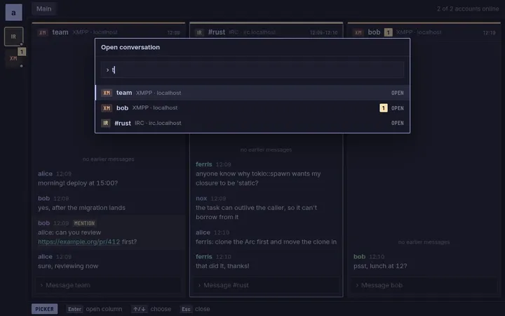 Web UI conversation picker listing chats across networks.